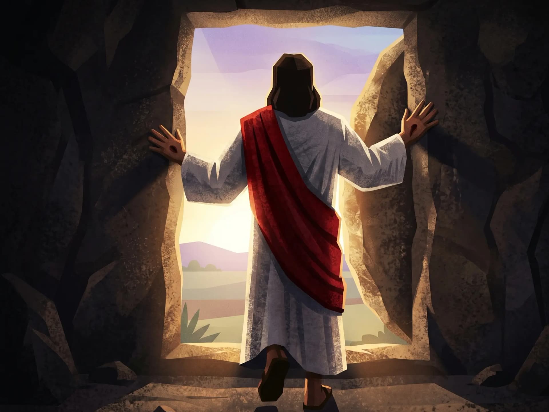 Jesus após ressuscitar, visto de costas, saindo de um túmulo de pedra iluminado pelo sol, com as marcas da crucificação nas mãos.